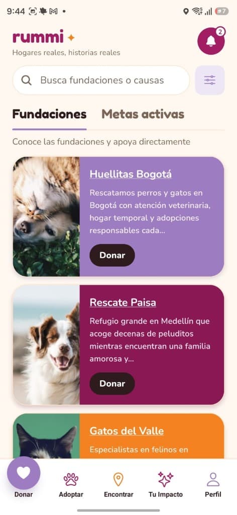 Pantalla de donaciones de Rummi con fundaciones verificadas
